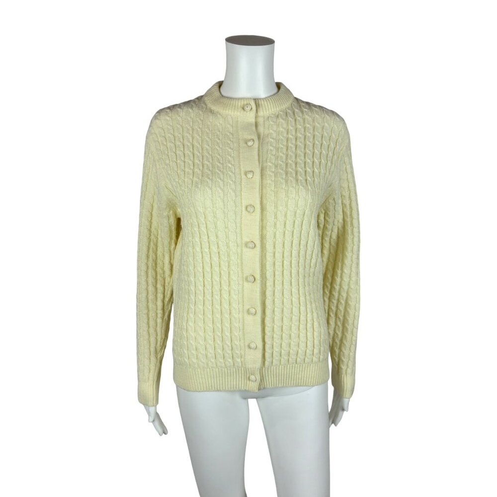 Vintage 70s Cardigan Women's Medium Cream Acrylic Cable Knit Sweater Kimlon